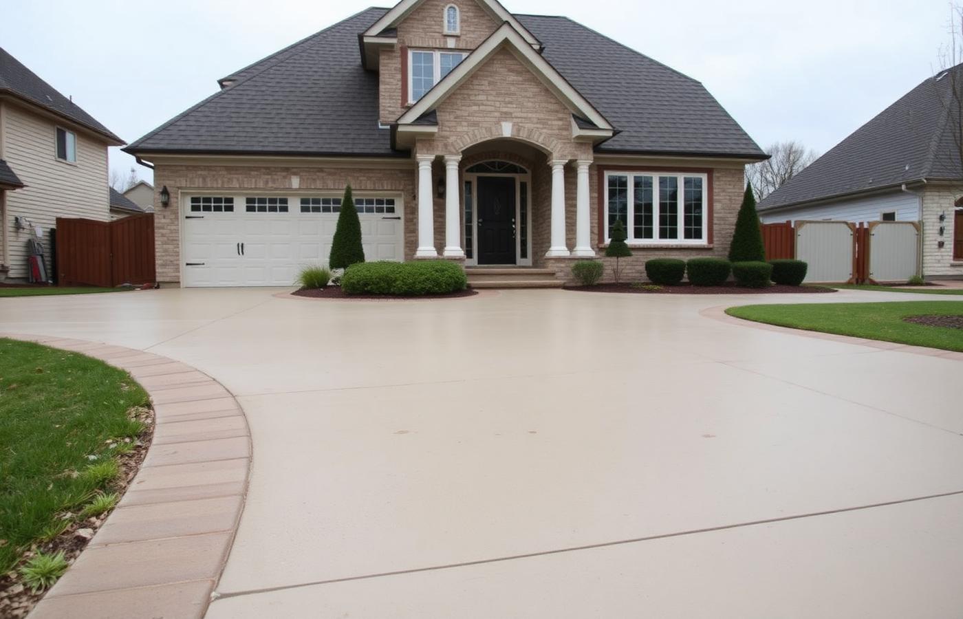 Newly poured concrete driveway after completion