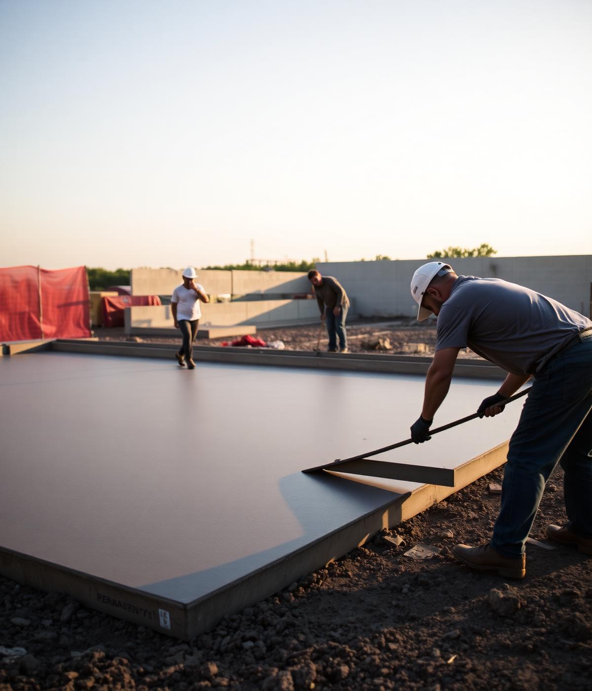 Concrete crew screeding a fresh slab pour